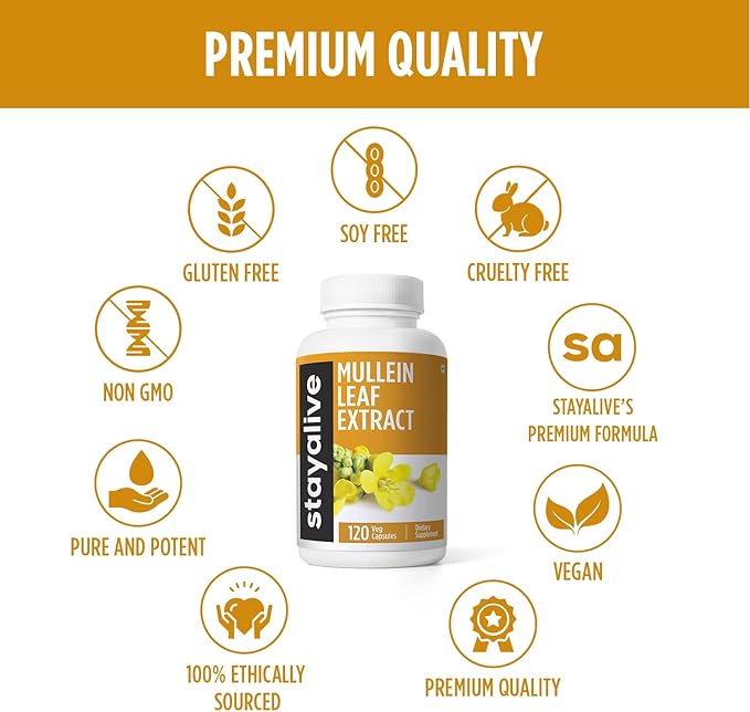 STAY ALIVE Mullein Leaf Extract 1000mg, 10:1 Extra Strength, 120 Vegan Mullein Capsules, All Natural, 100% Pure Leaves Powder, 2 Month Supply, Non-GMO and Gluten-Free Supplement