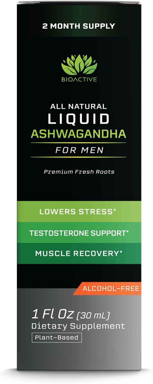 BIOACTIVE Liquid Ashwagandha Drops - Testosterone Health Supplement* - Adaptogen for Stress Support, Men’s Wellness - Organic, Herbal, Gluten Free, Non-GMO, 59 Servings (1 Oz, Unflavored)