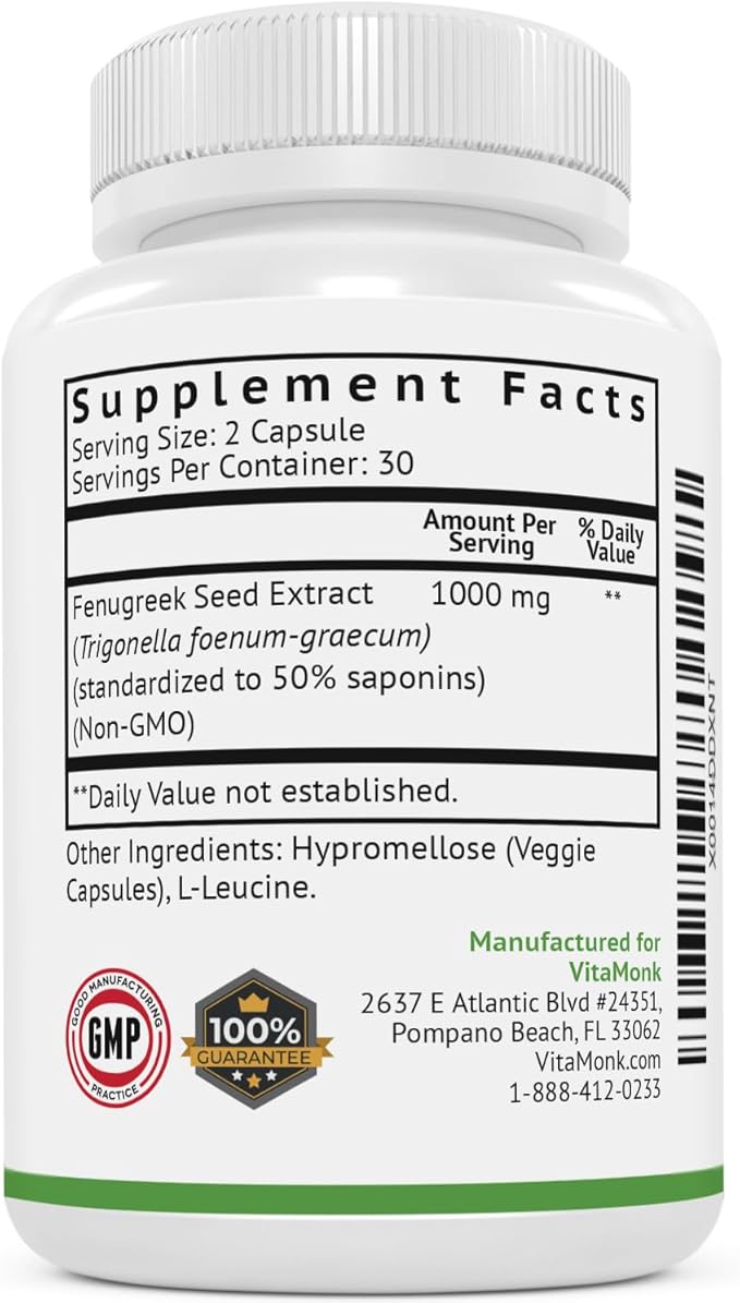 VitaMonk FenuTrax™ Fenugreek Extract Powerful 50% Fenugreek Seed Extract Standardized for Fenuside - High Furostanol Glycoside and Saponin Content When Compared to Testofen - 60 Capsules