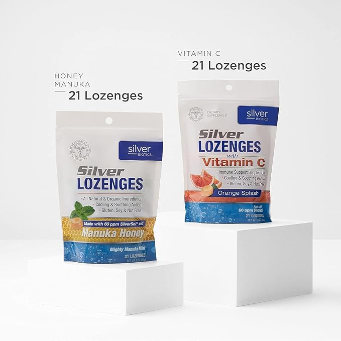 Silver Biotics Colloidal Silver Lozenges | 60 ppm SilverSol Ag₄O₄ Technology | Immune Support + Throat Soothing | Orange Vitamin C | 21 Count