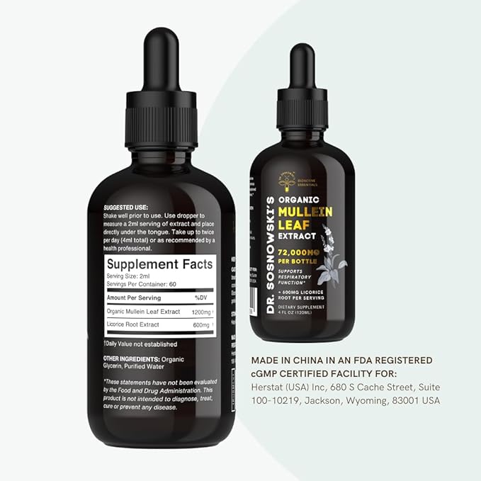 Dr Sosnowski's BioActive Mullein Leaf Drops 120ml | Super High Strength 1200mg Per Serving | 2 Month Supply | 1200mg Organic Mullein Leaf Extract with 600mg Licorice Root Extract