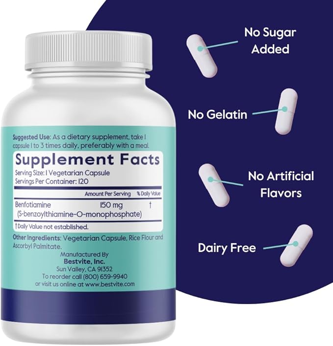 BESTVITE Benfotiamine 150mg (240 Vegetarian Capsules) (120x2) - No Stearates - No Silicon Dioxide - Vegan - Non GMO - Gluten Free