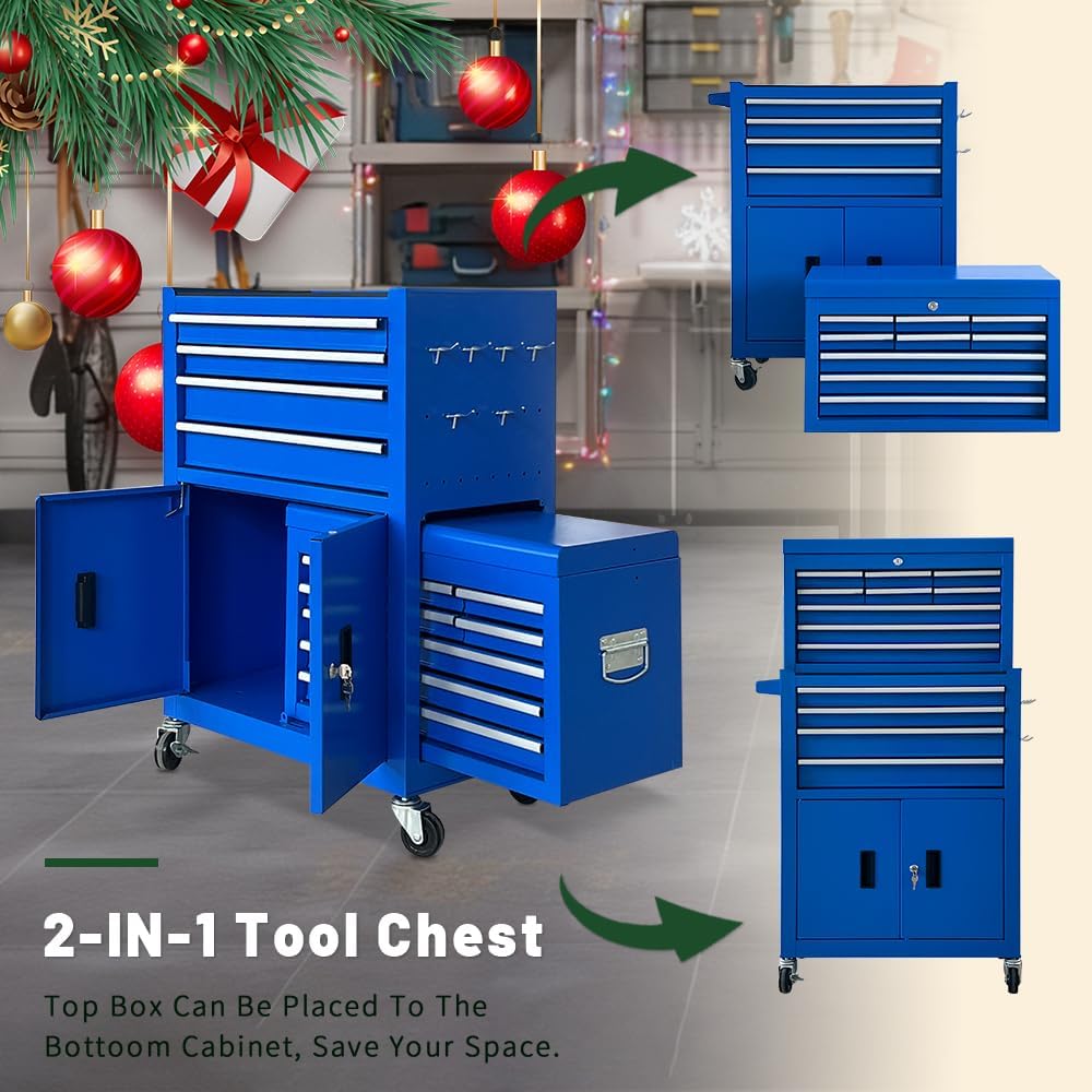 13-Drawer Rolling Tool Chest with Double Doors, 2 in 1 Detachable Rolling Tool Chest Combo, Mobile Tool Cabinet with Drawers, Metal Large Lockable Tool Box for Garage Workshop (Blue)