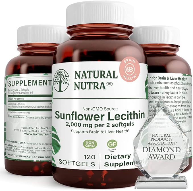 Natural Nutra Sunflower Lecithin 2000 mg Supplement, Supports Breastfeeding Moms with Plugged Milk Duct Relief, Liver & Brain Health Booster, Soy Free, Non-GMO, Gluten-Free, 120 Softgels (2 Pack)