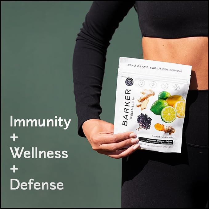 Barker Wellness Immunity Gummies | Vitamin C, Zinc, Elderberry, Turmeric & Ginger | Immune Support | Vegan, Sugar-Free | Lemon Lime Flavor | 60 Gummies