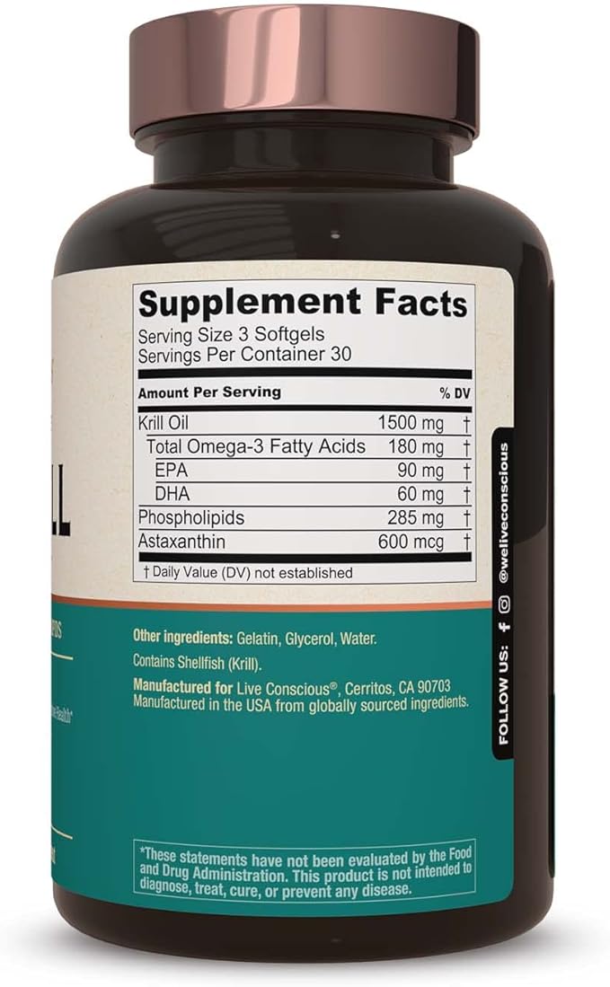 Live Conscious KrillWell, Joint, and Cognitive Support | Certified Sustainable Krill Oil 2X More Effective Than Fish Oil - 30 Day Supply