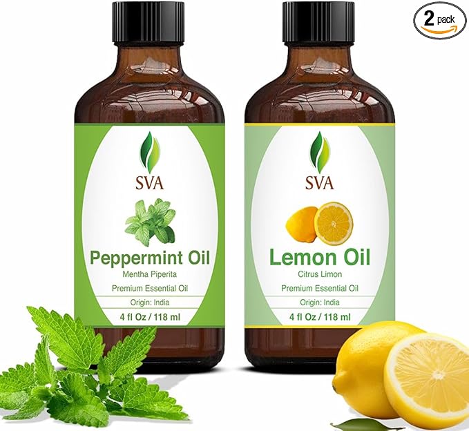 SVA Peppermint Essential Oil and Lemon Essential Oil 4oz Bundle Super Saver Combo – Premium Grade Value Set for Aromatherapy, Scalp Massage, Hair Care, Skin & Body