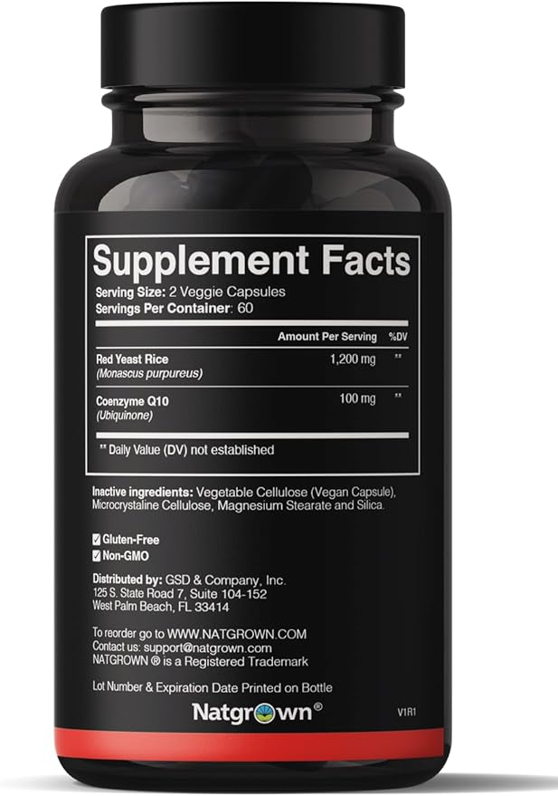 Natgrown Red Yeast Rice 1200 mg with CoQ10 Capsules - Vegan, Non-GMO Supplement | 120 Ct