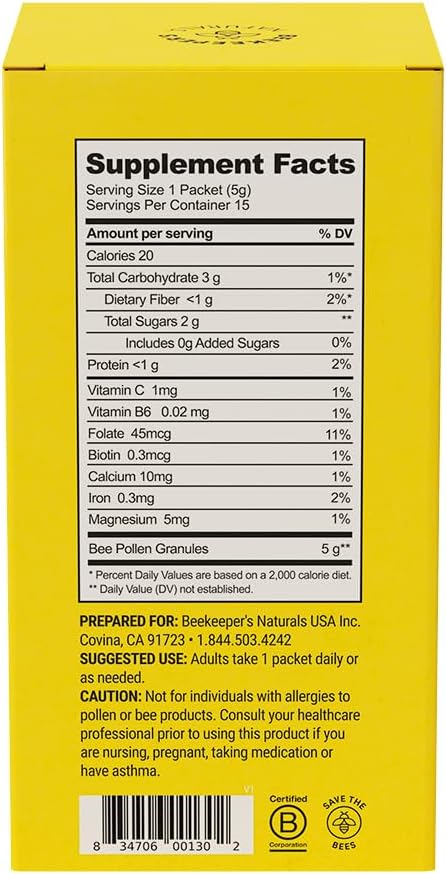 Beekeeper's Naturals - 100% Raw Bee Pollen Stick Packs, Natural Preserved Enzymes, Source of Vitamin B, Minerals, Amino Acids & Protein - Paleo & Keto Friendly, Gluten Free (15ct)