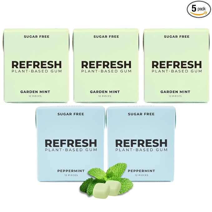 Refresh Gum, Xylitol, Natural, Sugar Free, Plastic Free, Aspartame Free, Natural Flavors & Organic Ingredients, Plant-Based, Low Calorie, Non GMO, Gluten Free, Vegan, Mint Variety Flavor, 12 Pcs, 5 Pack