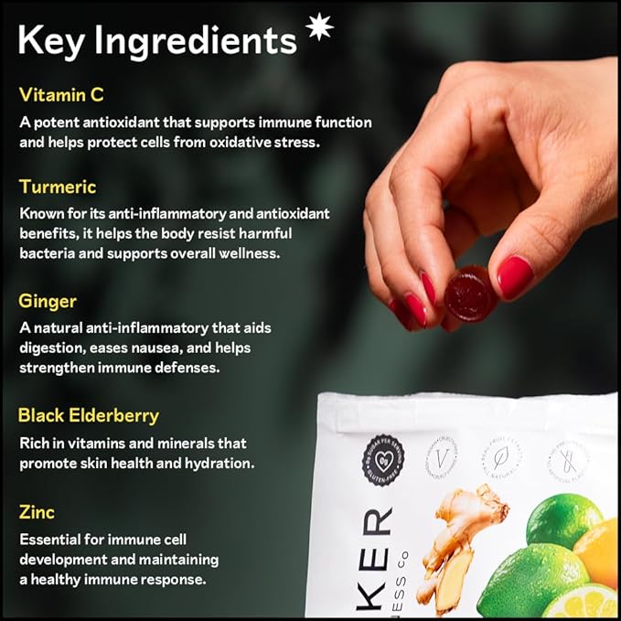 Barker Wellness Immunity Gummies | Vitamin C, Zinc, Elderberry, Turmeric & Ginger | Immune Support | Vegan, Sugar-Free | Lemon Lime Flavor | 60 Gummies