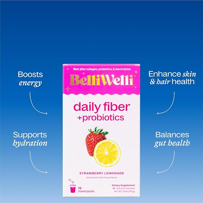 Daily Fiber Supplement Packets with Collagen, Probiotics & Electrolytes | Single Serve Packets for Gut Health, Digestion & Debloating | Strawberry Lemonade | 10 Count