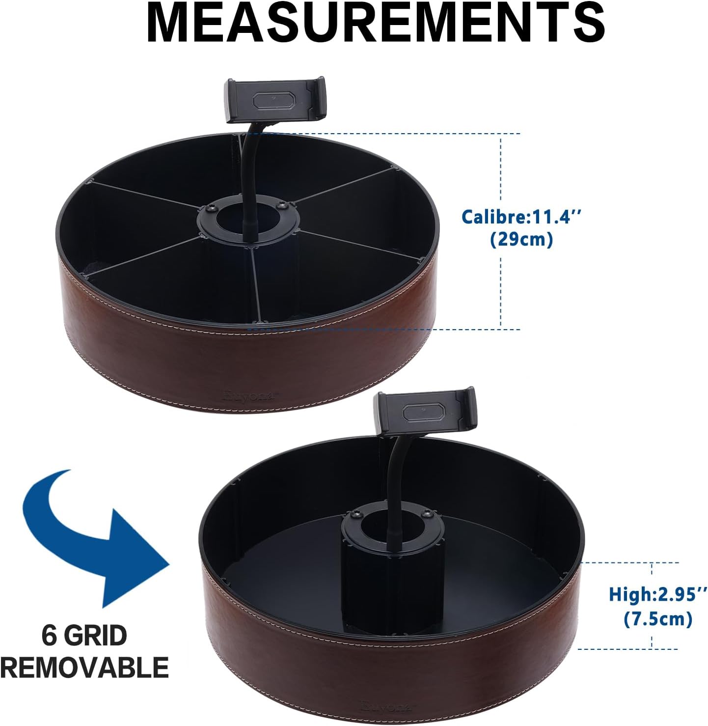 11.4 Inch Lazy Susan Turntable Organizer - 6 Removable Compartments with Phone Holder, 360° Rotating for Cabinet/Counter/Table. Spacious Storage for Food, Spices, Cosmetics & More.(Brown)