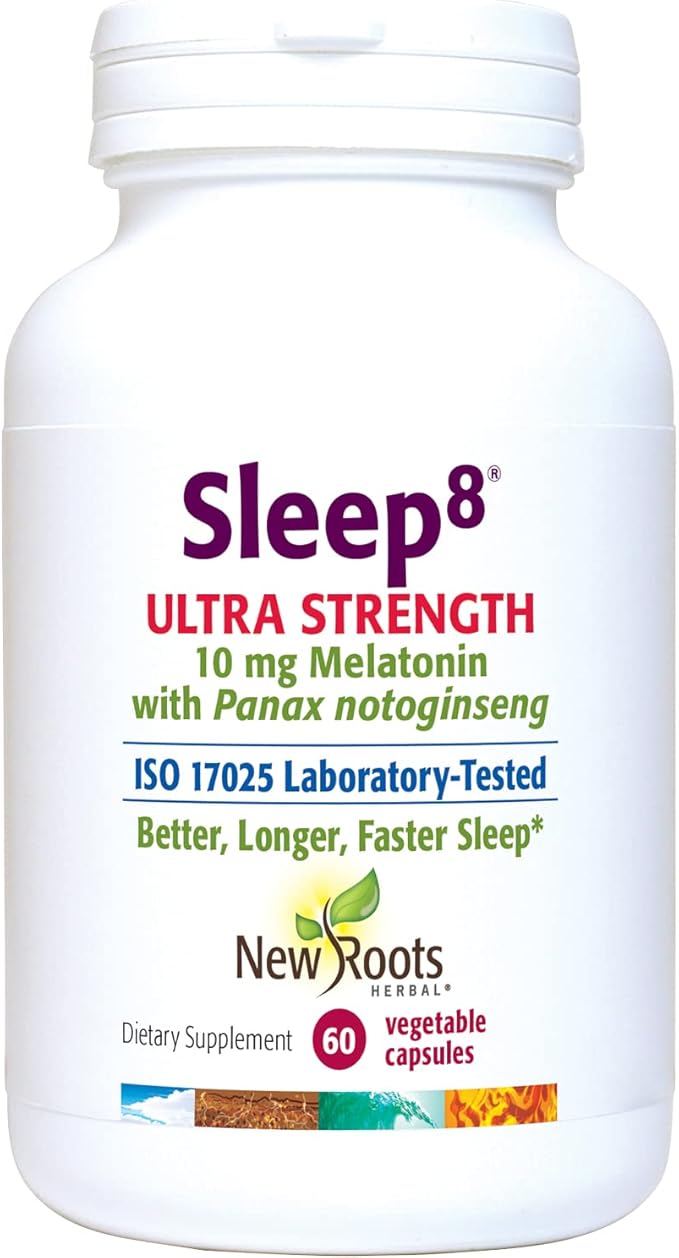 NEW ROOTS HERBAL Natural Sleep Supplement, 8-in-1 Ultra-Strenth Formula with Passion Flower, Chamomile, Hops, Panax Gingseng, Skullcap, Magnesium, 10 mg Melatonin (60 Veg Caps)