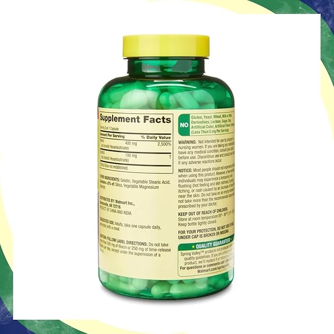 Spring Valley Vitamin B3 Niacin 500mg Flush Free Capsules, Dietary Supplement 240 Pills (Pack of 1) - Set by Basket Goods
