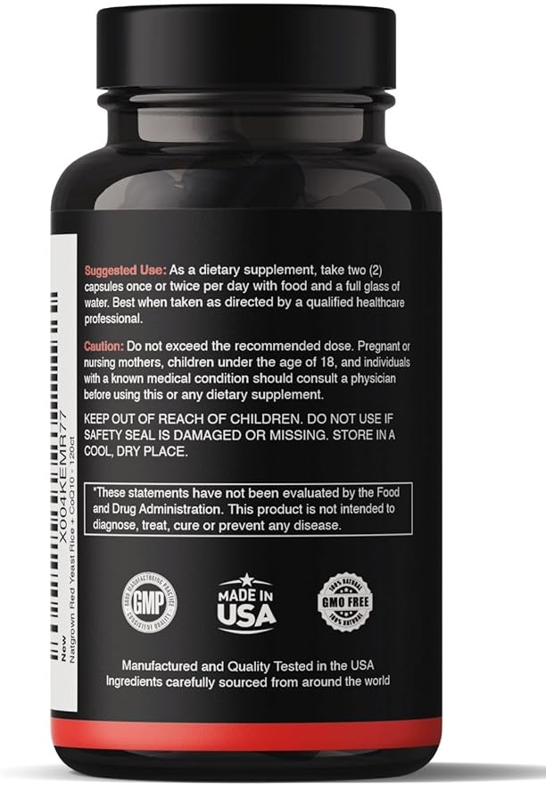 Natgrown Red Yeast Rice 1200 mg with CoQ10 Capsules - Vegan, Non-GMO Supplement | 120 Ct