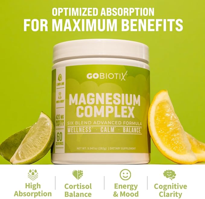 GoBiotix Magnesium Glycinate Powder – Cortisol Supplements for Women and Men – High Absorption Magnesium Complex Calm Supplement with Citrate, Malate – Sugar Free – 420 mg, 60 Servings - Lemon Lime