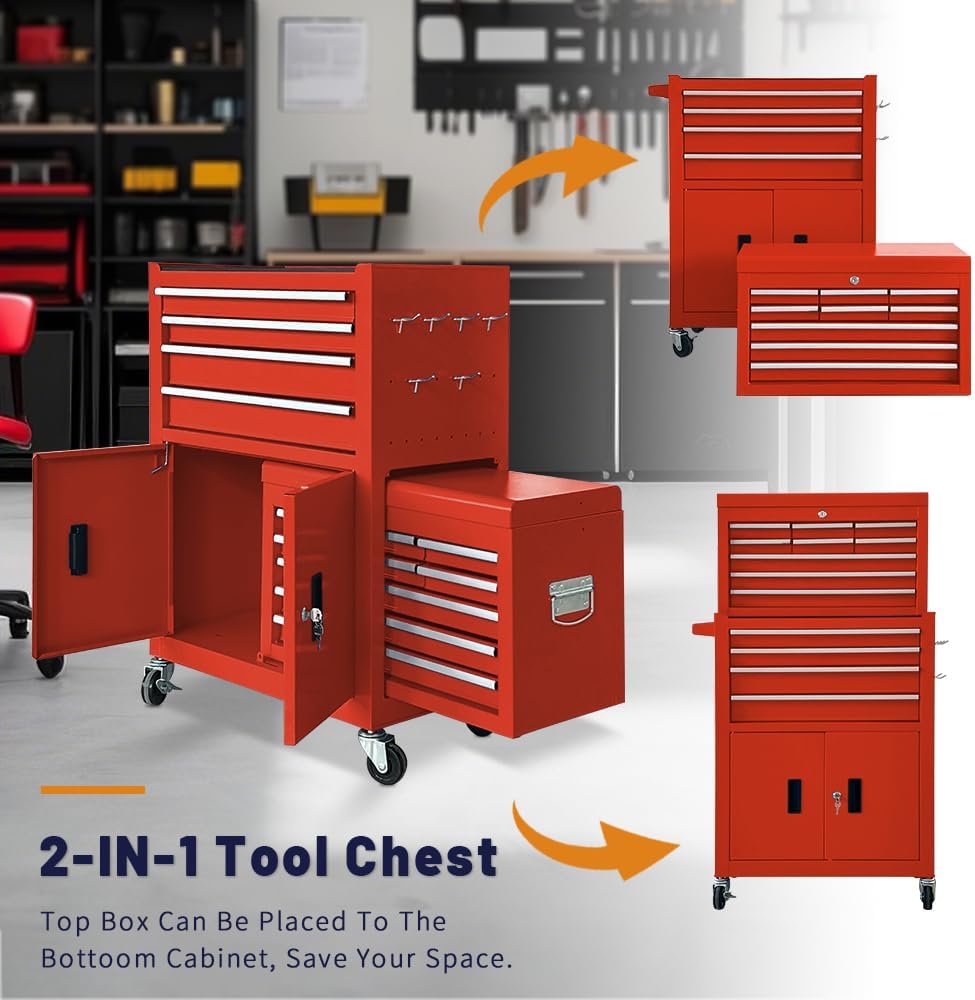 13-Drawer Rolling Tool Chest with Double Doors, 2 in 1 Detachable Rolling Tool Chest with Drawers, Metal Large Lockable Tool Box,Mobile Tool Cabinet Combo for Garage Workshop (Red)