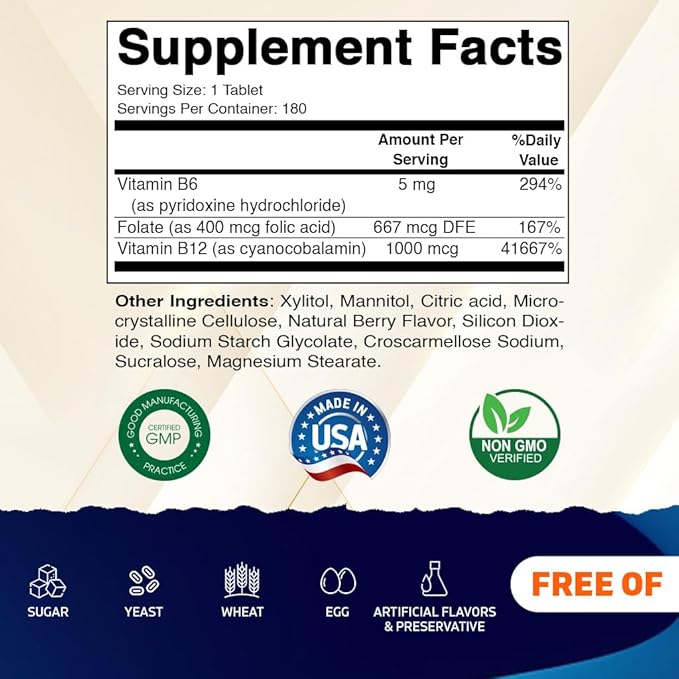 Vitamatic Folic Acid, Vitamin B12 & B6 – 180 Fast Dissolve Tablets Heart Health, Energy Production & Red Blood Cell Support