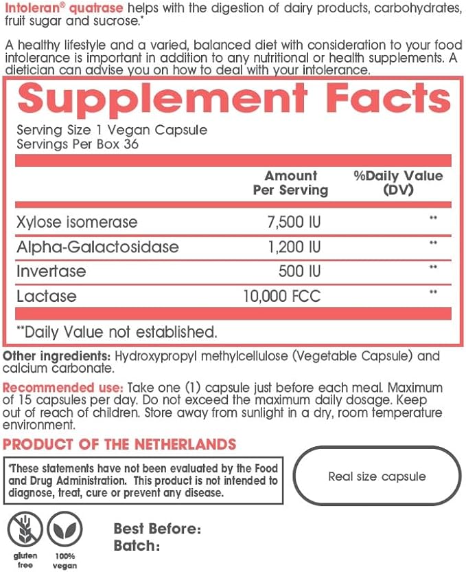 Quatrase Forte Digestive Enzymes - 36 Capsules | Highly Dosed Supplement for FODMAP Intolerance | Helps Digest Lactose and Complex Carbohydrates* | Pure & Vegan | Low FODMAP