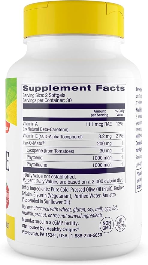 Healthy Origins Lycopene 15 mg (Natural, Non-GMO, Gluten Free, Skin Support, Prostate Support), 60 Softgels