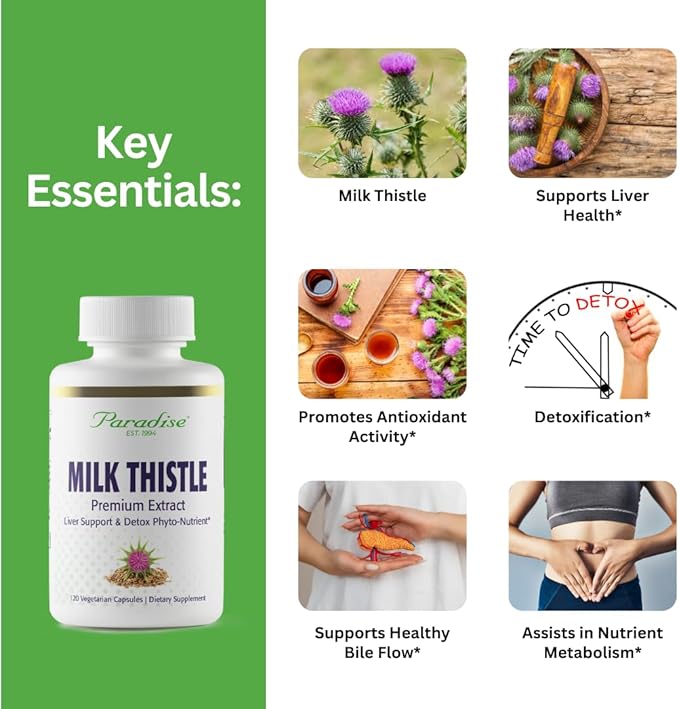 Paradise Herbs Milk Thistle, Active Whole Spectrum Extract, Super Potent, Ultra Pure, Vegan, Non GMO, Gluten Free, 120 Vegetarian Capsules