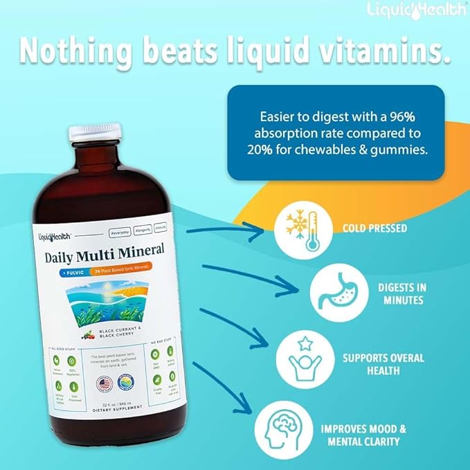LIQUIDHEALTH Daily Multi Mineral Liquid Supplement with Fulvic Acid, Plant Based Ionic Aquamin Sea Trace Ocean Minerals - Immune Support, Energy, Gut Health, Detox - Made in USA, Vegetarian (2 Pack)