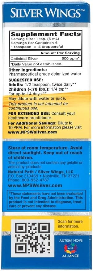 Natural Path Silver Wings Colloidal Silver 500PPM, Amber Brown Liquid Immune Support, 1 Fl Oz (Pack of 1)