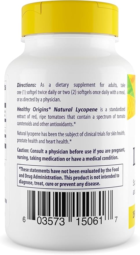 Healthy Origins Lycopene 15 mg (Natural, Non-GMO, Gluten Free, Skin Support, Prostate Support), 60 Softgels