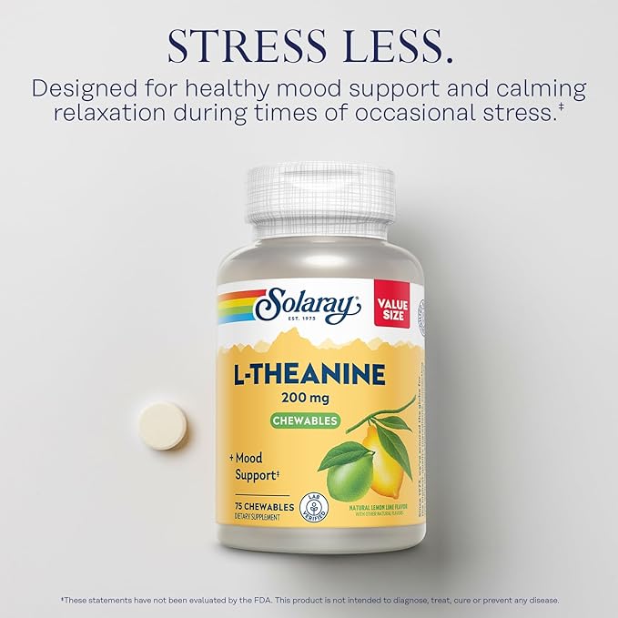 SOLARAY L Theanine 200mg, Mood Support Supplement with Vitamin B6 - Calming Support During Occasional Stress - Natural Lemon Lime Flavor - 60-Day Guarantee, Lab Verified - 75 Servings, 75 Chewables