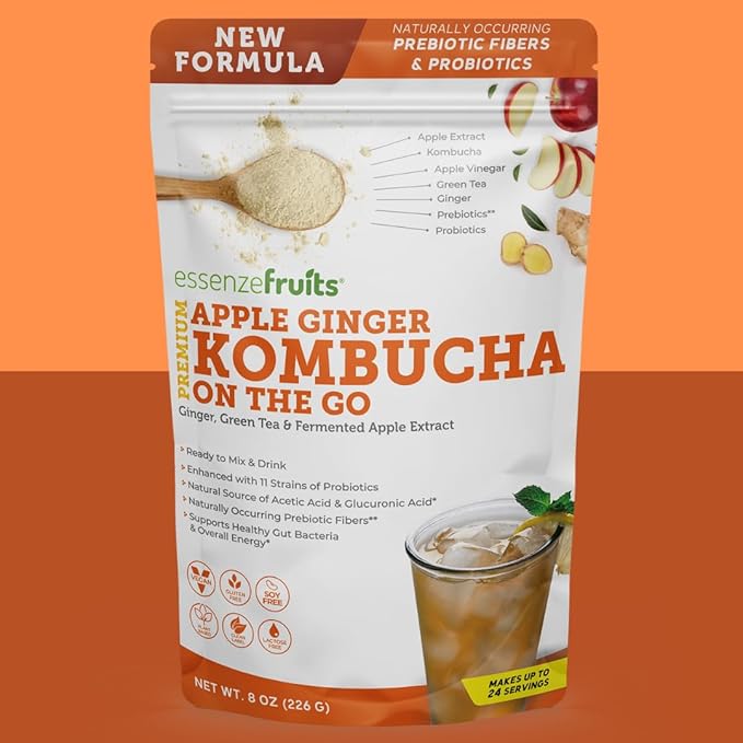 Essenzefruits Apple Ginger Kombucha Powder Tea Mix Beverage – Sugar Free, Fermented & Dried - Just Add Water! Live Probiotics & Prebiotic Blend, Vitamin C - Makes up to 30 Cups (8 Oz, 226g)