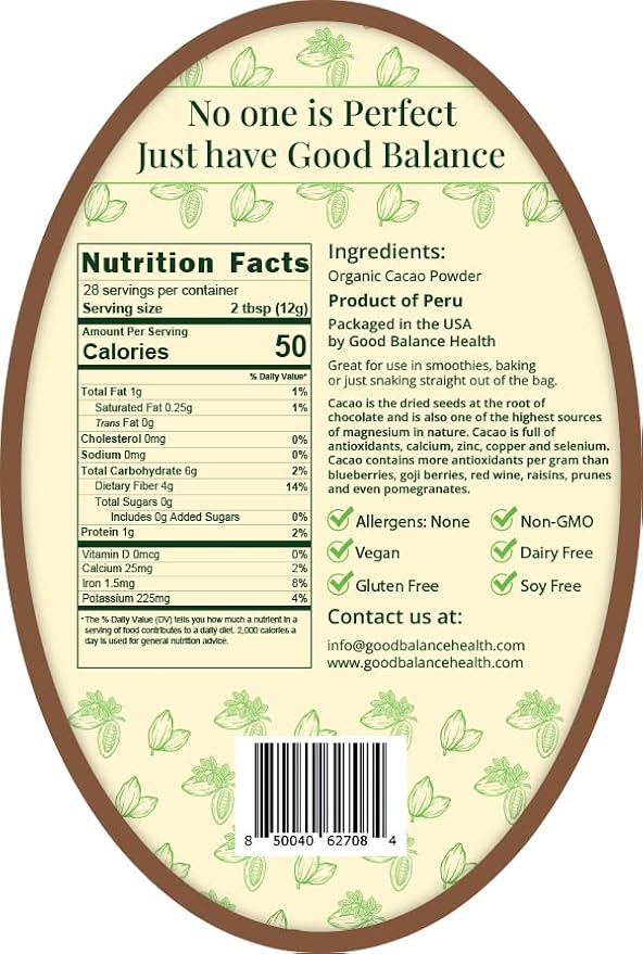 Good Balance Health Cacao Powder | Raw Cacao | Organic Cacao, Chocolate Powder | Perfect for Baking, Smoothies | Plant-Based, Organic, Gluten Free, Vegan Friendly, Keto Friendly | 12 Ounches (Resealable Bag)