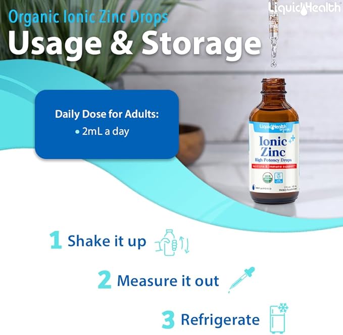 LIQUIDHEALTH USDA Organic Ionic Zinc High Potency Drops - Trace Mineral Liquid Vitamin Supplement for Adults, Kids - Immune & Digestive Support, Skin & Wound Health - USA Made, Vegan, Non-GMO (2 Pack)