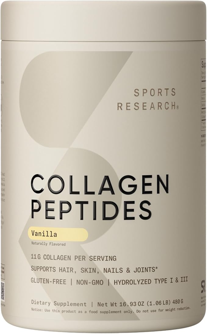 Sports Research Collagen Peptides - Hydrolyzed Type 1 & 3 Collagen Powder Protein Supplement for Healthy Skin, Nails, & Joints - Easy Mixing Vital Nutrients & Proteins, Collagen for Women & Men