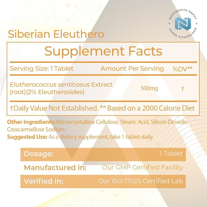 Nootropics Depot Siberian Eleuthero Tablets | 500mg | 180 Count | 2% Eleutherosides | Eleutherococcus senticosus | Endurance, Metabolic, & Memory Support