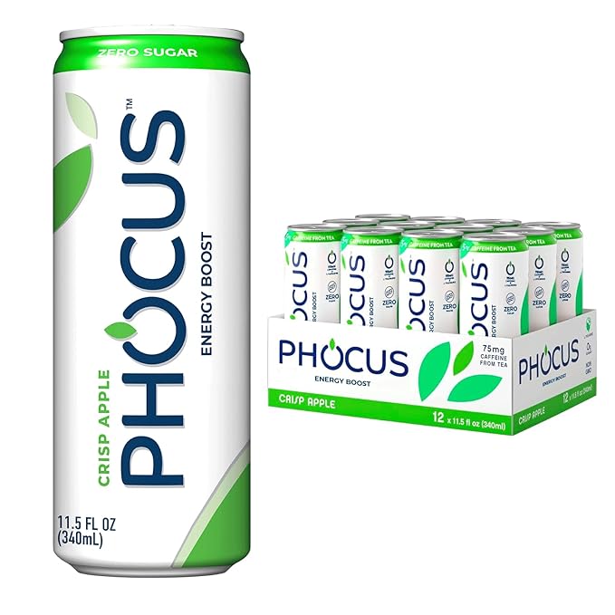 PHOCUS Caffeinated Sparkling Water, Crisp Apple, 75mg Natural Caffeine Plus L-Theanine, Zero Sugar, Zero Calories, No Artificial Sweeteners, 11.5 fl oz Cans (Pack of 12)