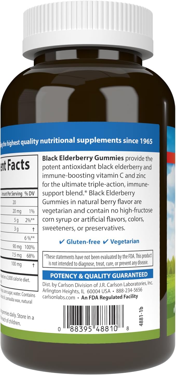 Carlson - Black Elderberry Gummies, with Vitamin C & Zinc, Immune Support, 120 Gummies