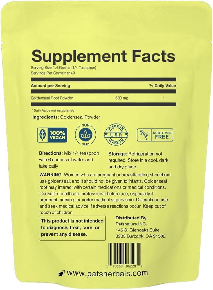 Pat's Herbals Goldenseal Root Powder - 2oz, USA Grown, Non-GMO | Pure Bright Yellow Root Powder