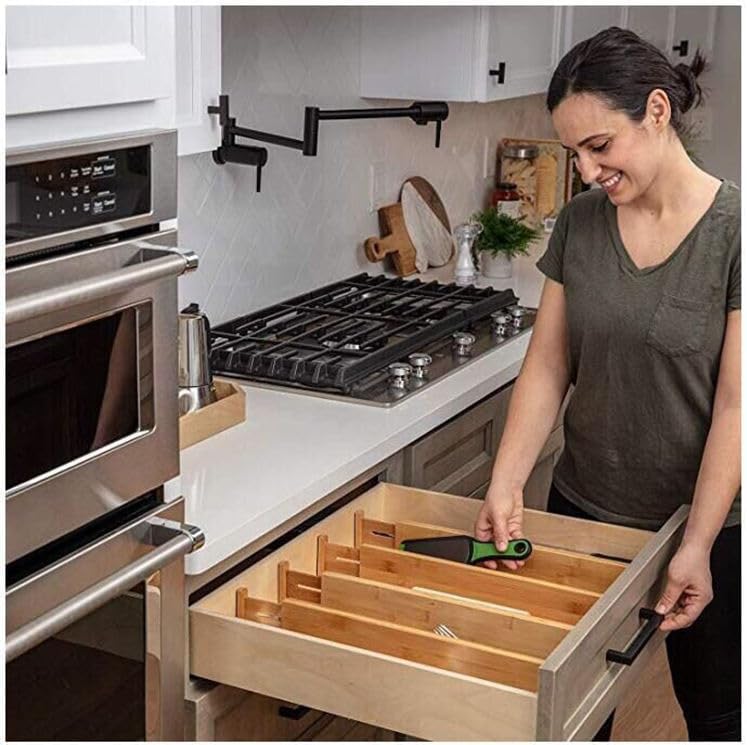 6 Pack Bamboo Kitchen Drawer Dividers, Expandable Drawer Separators Splitter, Utensil Drawer Organizer, Adjustable Organizer for Large Utensil, Clothes, Tools Drawers