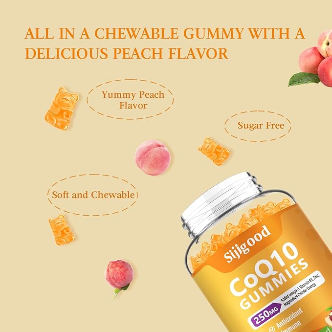 Sugar Free CoQ10 Gummies, Plus Omega-3, Vitamin B3 and Zinc, Magnesium, 5X High Absorption Coenzyme Q10 Supplements, q10 Boost Cellular Energy, Potent Antioxidant & Brain, Peach Flavor, 60 Cts