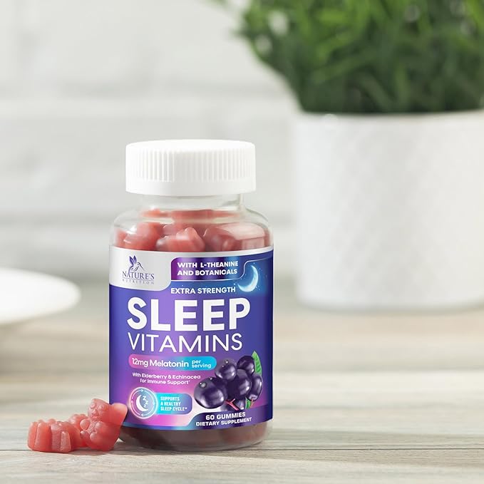 Sleep Gummies with Melatonin 12 mg - Extra Strength Sleep Vitamin Gummy, Natural Melatonin Gummy, Occasional Sleep Support Supplement for Adults, Vegan, Non-GMO, Gomitas para Dormir - 60 Gummies