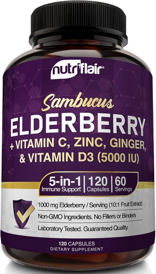 NutriFlair Sambucus Elderberry, 120 Veggie Capsules - 5 in 1 Immune Support and Antioxidant Supplement with Vitamin C, Vitamin D3 5000 IU, Zinc, Ginger, Black Dried Elderberry Pills - 2 Month Supply