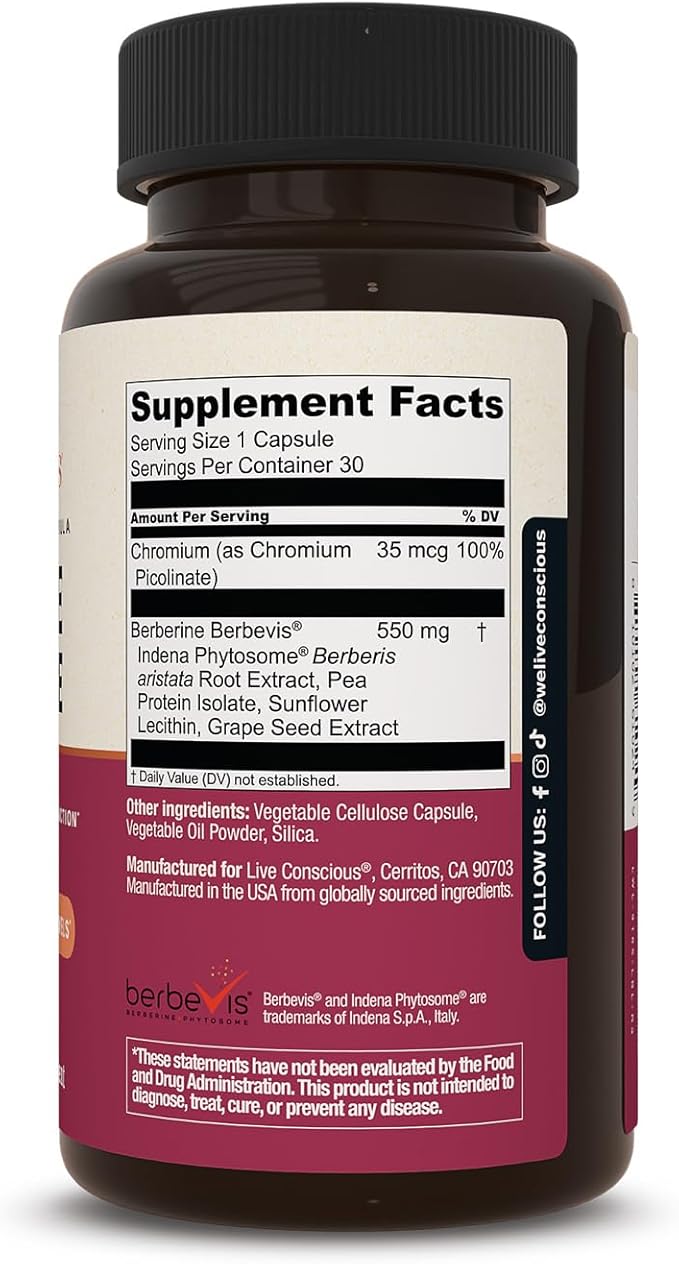 Live Conscious Berberine Phytosome - Advanced & Bioavailable Berberine Formula, Optimal Energy, Metabolic Health & Weight Management - 30 Servings