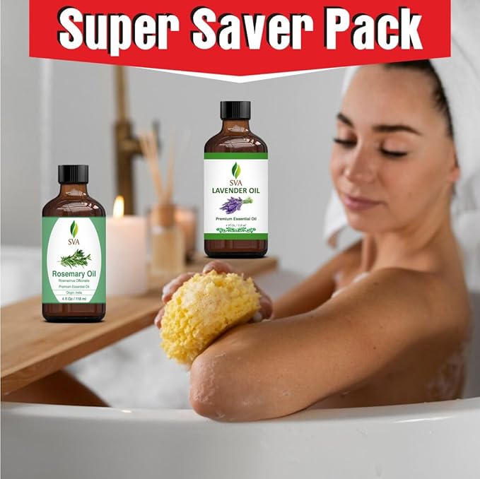 SVA Rosemary Essential Oil 4oz and Lavender Essential Oil 4oz Bundle Super Saver Combo – Premium Grade Value Set for Hair Oiling, Scalp Massage, Hair Care, Skin Care, Body Massage and Aromatherapy