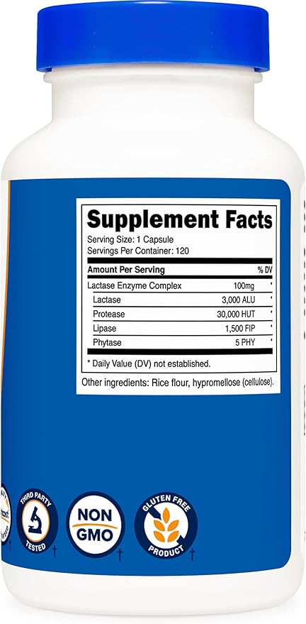 Nutricost Lactase Enzyme Complex 3,000 FCC ALU, 120 Veggie Capsules - Non-GMO, Gluten Free, 120 Servings (3 Bottles)