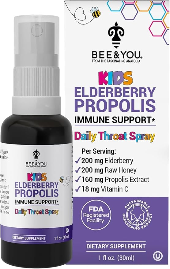 Bee and You, Kids Immune Support Supplement Throat Spray, Elderberry, Raw Honey, Propolis Extract, Vitamin C, Strawberry Juice, Antioxidants, Sore Throat Relief, 1 fl. Oz