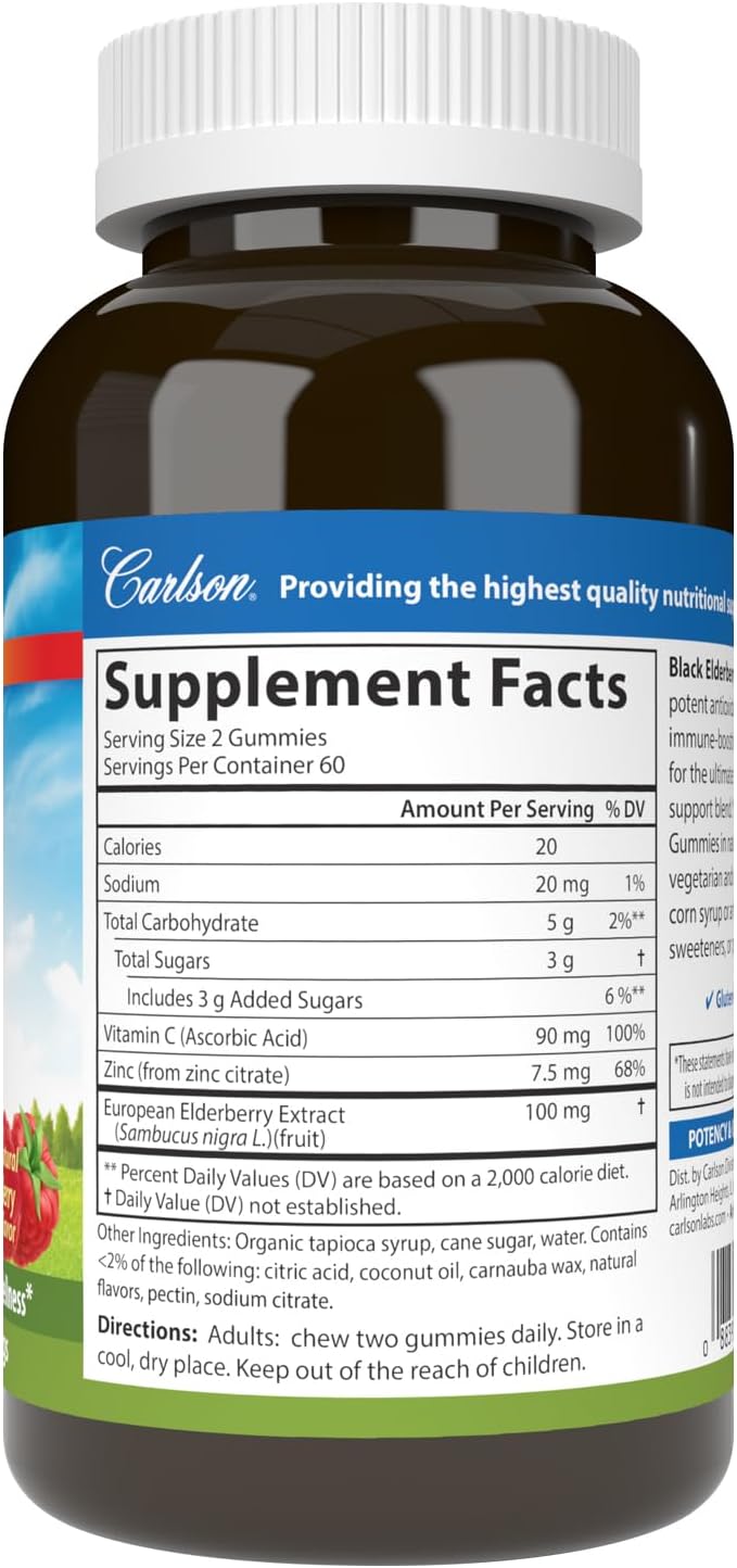 Carlson - Black Elderberry Gummies, with Vitamin C & Zinc, Immune Support, 120 Gummies