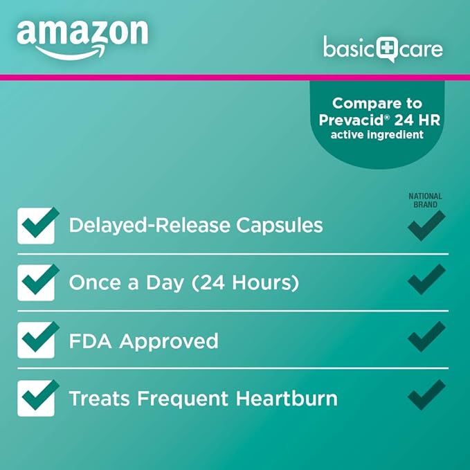 Amazon Basic Care Lansoprazole Delayed Release Capsules, 15 mg, Proton Pump Inhibitor, Acid Reducer, 24 Hour Heartburn Medicine, 42 Count Pack