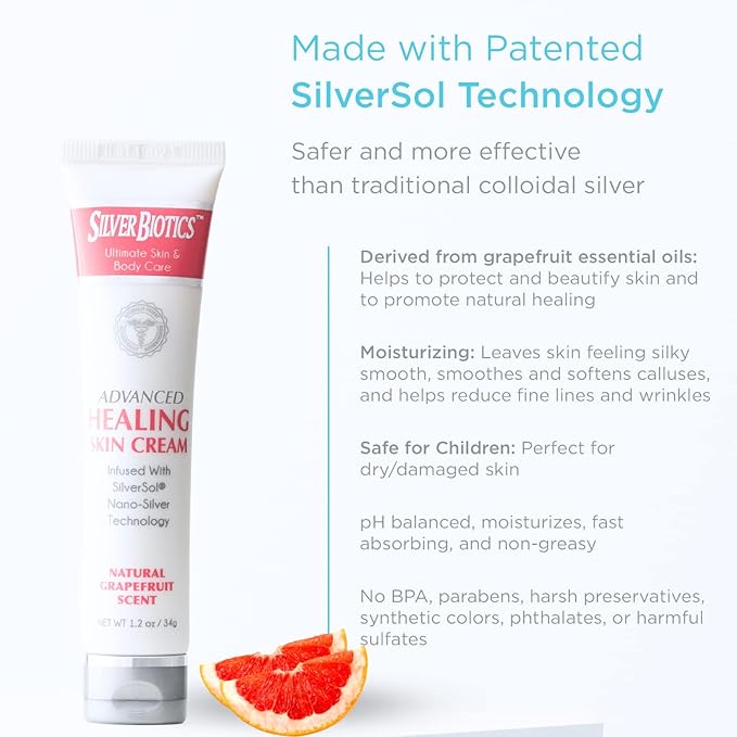 Silver Biotics Nano Silver Healing Lotion Cream Grapefruit Scent Infused 20 PPM SilverSol and Hyaluronic Acid | All Natural Ingredients to Heal, Smooth Your Skin Blemishes and Scars (3.4 oz.)
