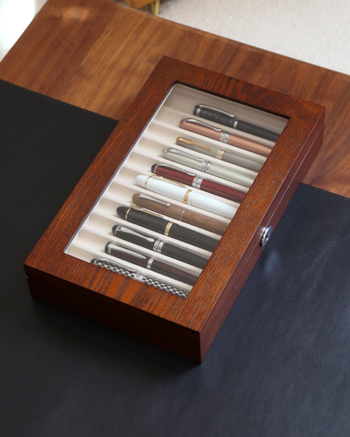Wooden Pen Display Case – 12 Slot Lockable Fountain Pen Storage Box, Brown Collectors Display with Glass Top, Gift for Men
